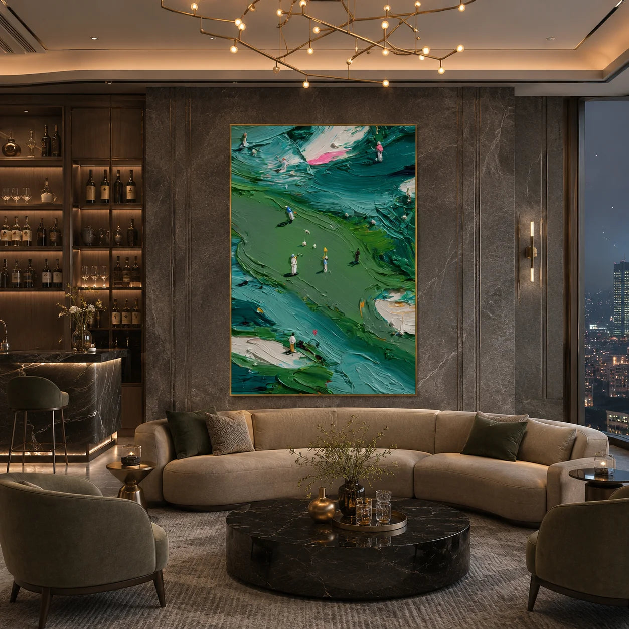 Green Golf Course Landscape Hand-Painted Oil Painting | Textured Palette Knife Golfers Sports Wall Art for Living Room, Office and Clubhouse