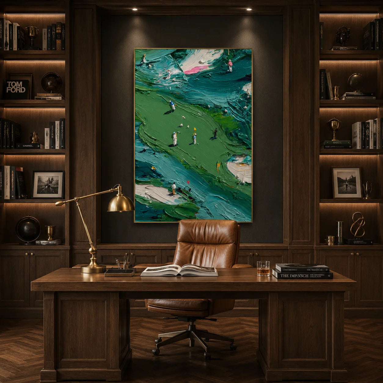 Green Golf Course Landscape Hand-Painted Oil Painting | Textured Palette Knife Golfers Sports Wall Art for Living Room, Office and Clubhouse