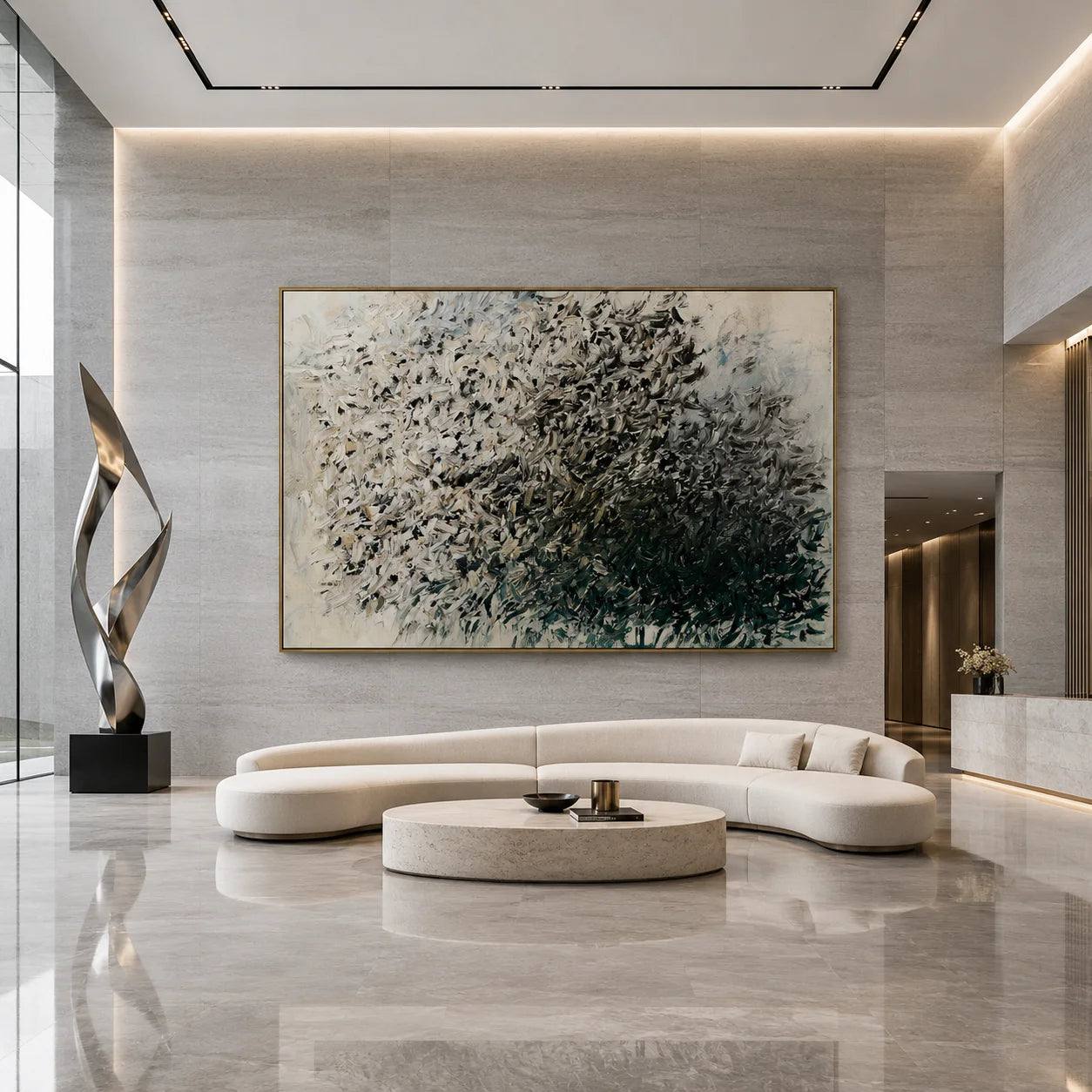 Green Gray Abstract Hand-Painted Oil Painting, Modern Textured Brushstroke Wall Art # OA 1046