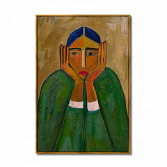 Green Portrait Hand-Painted Oil Painting | Modern Abstract Figurative Wall Art with Textured Brushstrokes#OA 1006