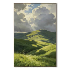 Ownanart Green Rolling Hills Hand-Painted Oil Painting – Sunlit Mountain Landscape with Dramatic Cloudy Sky, Nature Wall Art for Living Room # OA 1328