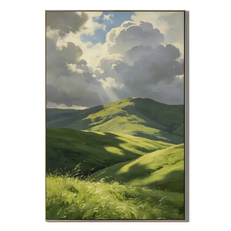 Ownanart Green Rolling Hills Hand-Painted Oil Painting – Sunlit Mountain Landscape with Dramatic Cloudy Sky, Nature Wall Art for Living Room # OA 1328