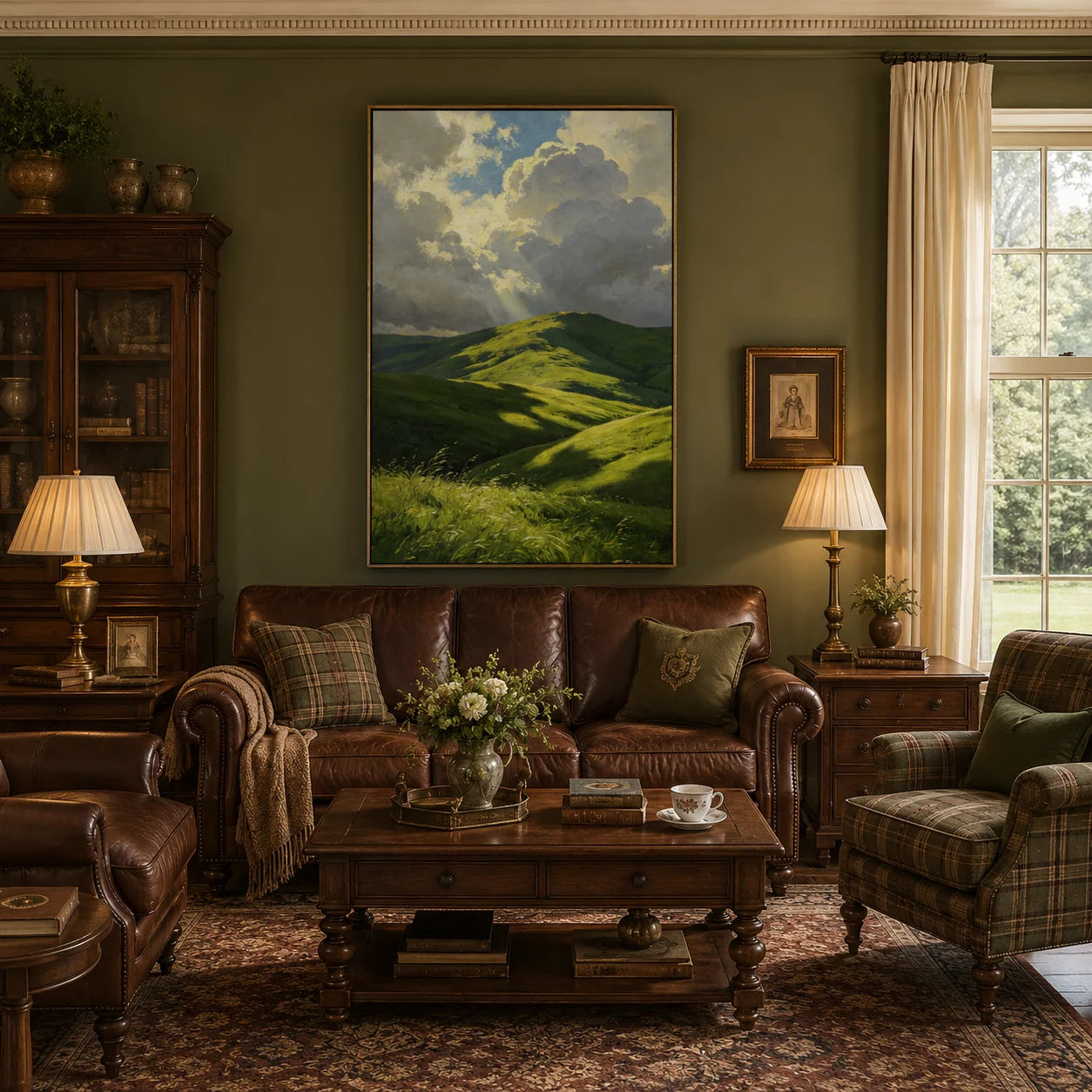 Ownanart Green Rolling Hills Hand-Painted Oil Painting – Sunlit Mountain Landscape with Dramatic Cloudy Sky, Nature Wall Art for Living Room # OA 1328