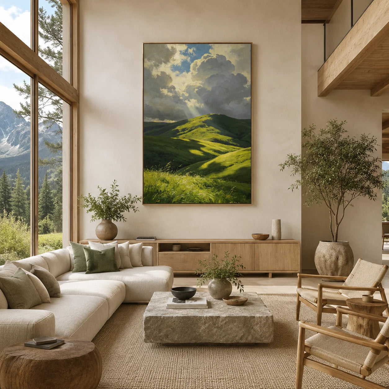 Ownanart Green Rolling Hills Hand-Painted Oil Painting – Sunlit Mountain Landscape with Dramatic Cloudy Sky, Nature Wall Art for Living Room # OA 1328