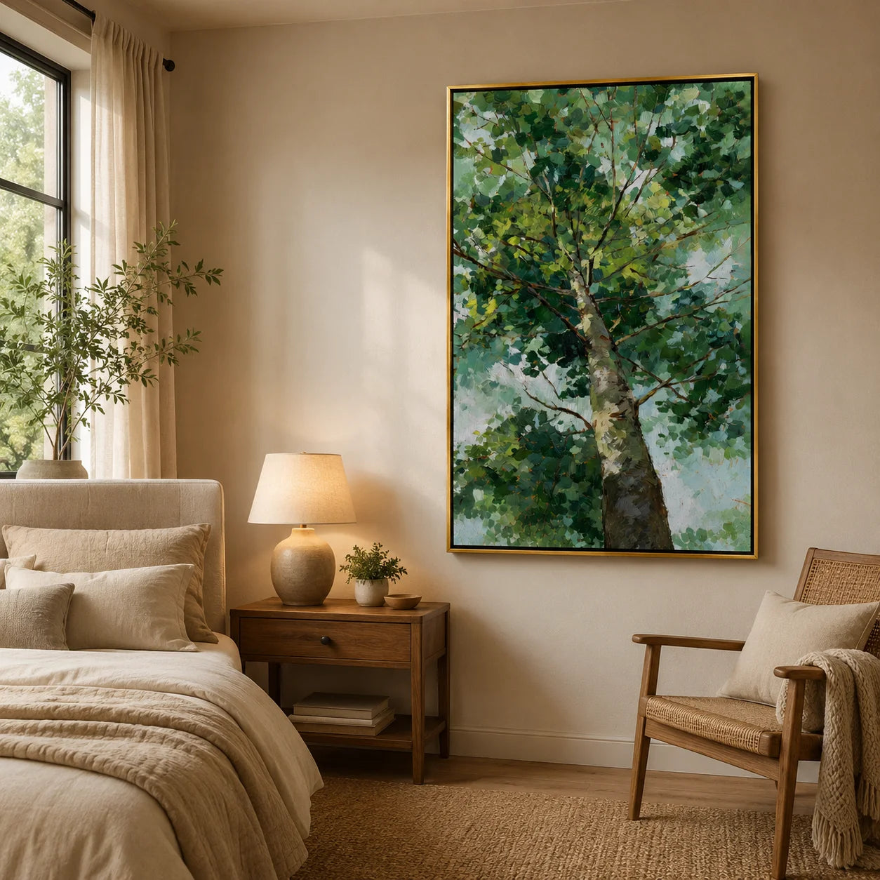 Green Tree Canopy Hand-Painted Oil Painting, Textured Botanical Wall Art for Modern Home Decor#OA 0973
