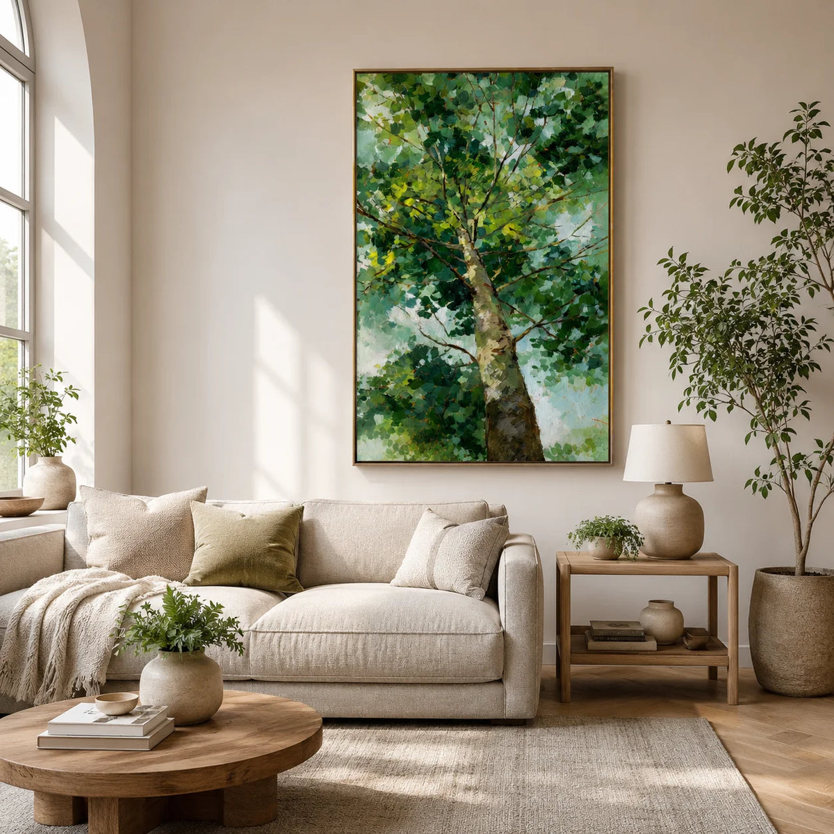 Green Tree Canopy Hand-Painted Oil Painting, Textured Botanical Wall Art for Modern Home Decor#OA 0973