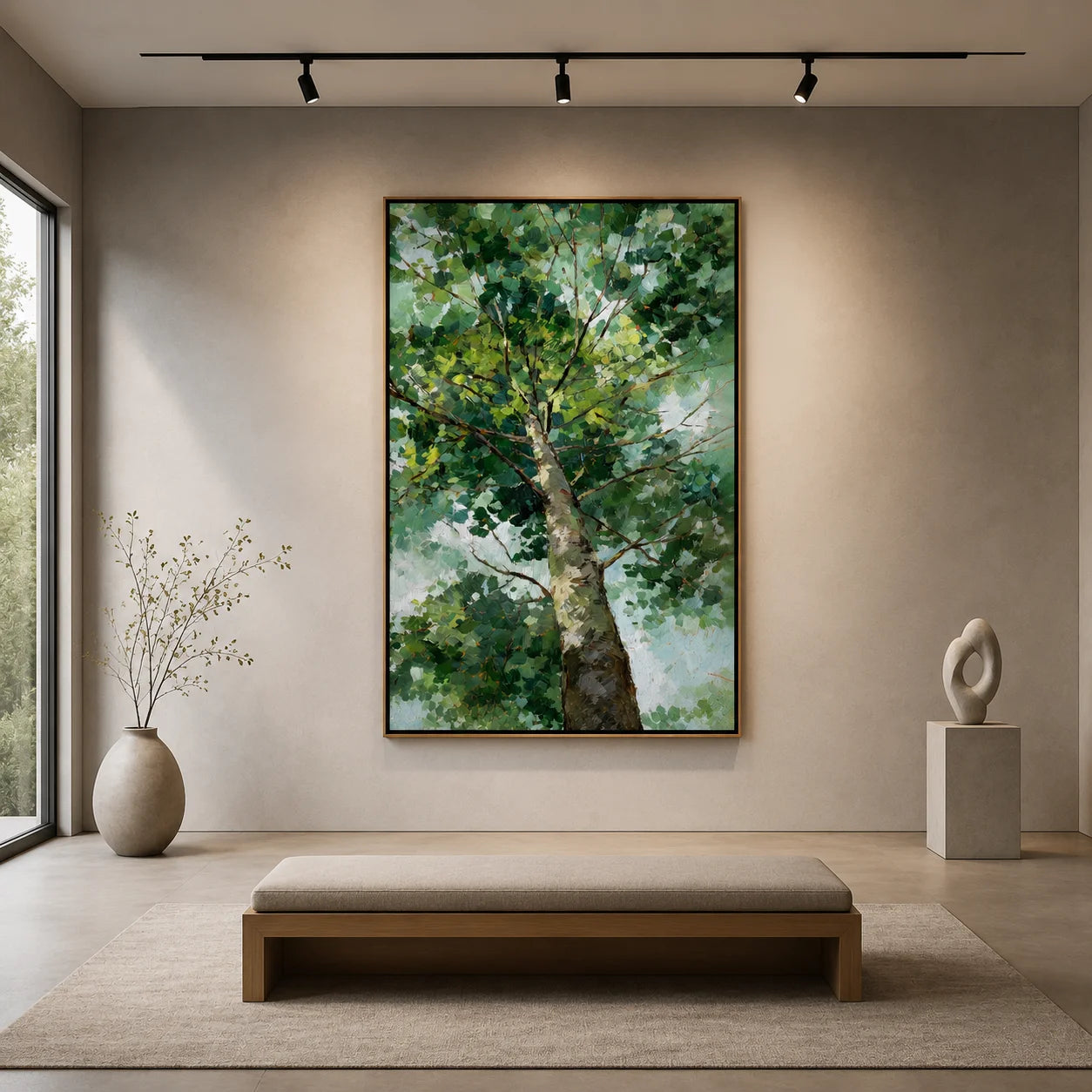 Green Tree Canopy Hand-Painted Oil Painting, Textured Botanical Wall Art for Modern Home Decor#OA 0973