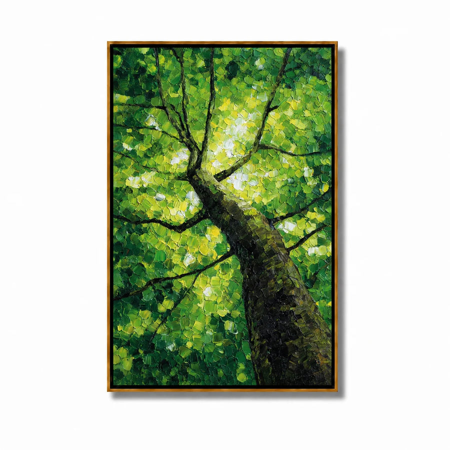 Green Tree Canopy Hand-Painted Oil Painting, Textured Forest Nature Canvas Wall Art for Modern Home Decor#OA 0956