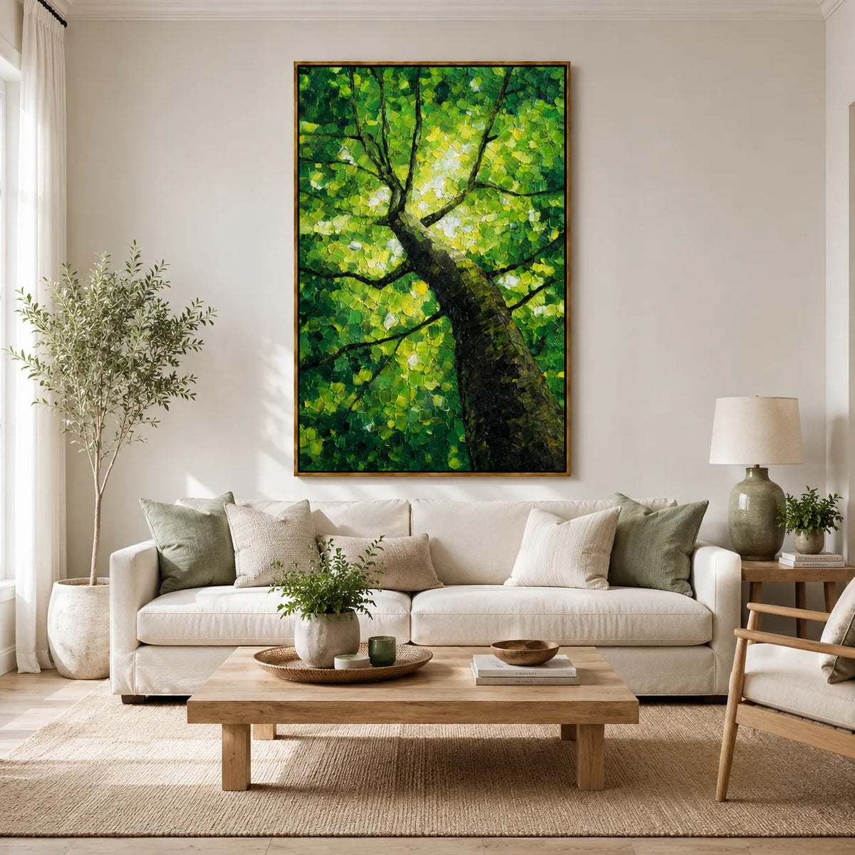 Green Tree Canopy Hand-Painted Oil Painting, Textured Forest Nature Canvas Wall Art for Modern Home Decor#OA 0956