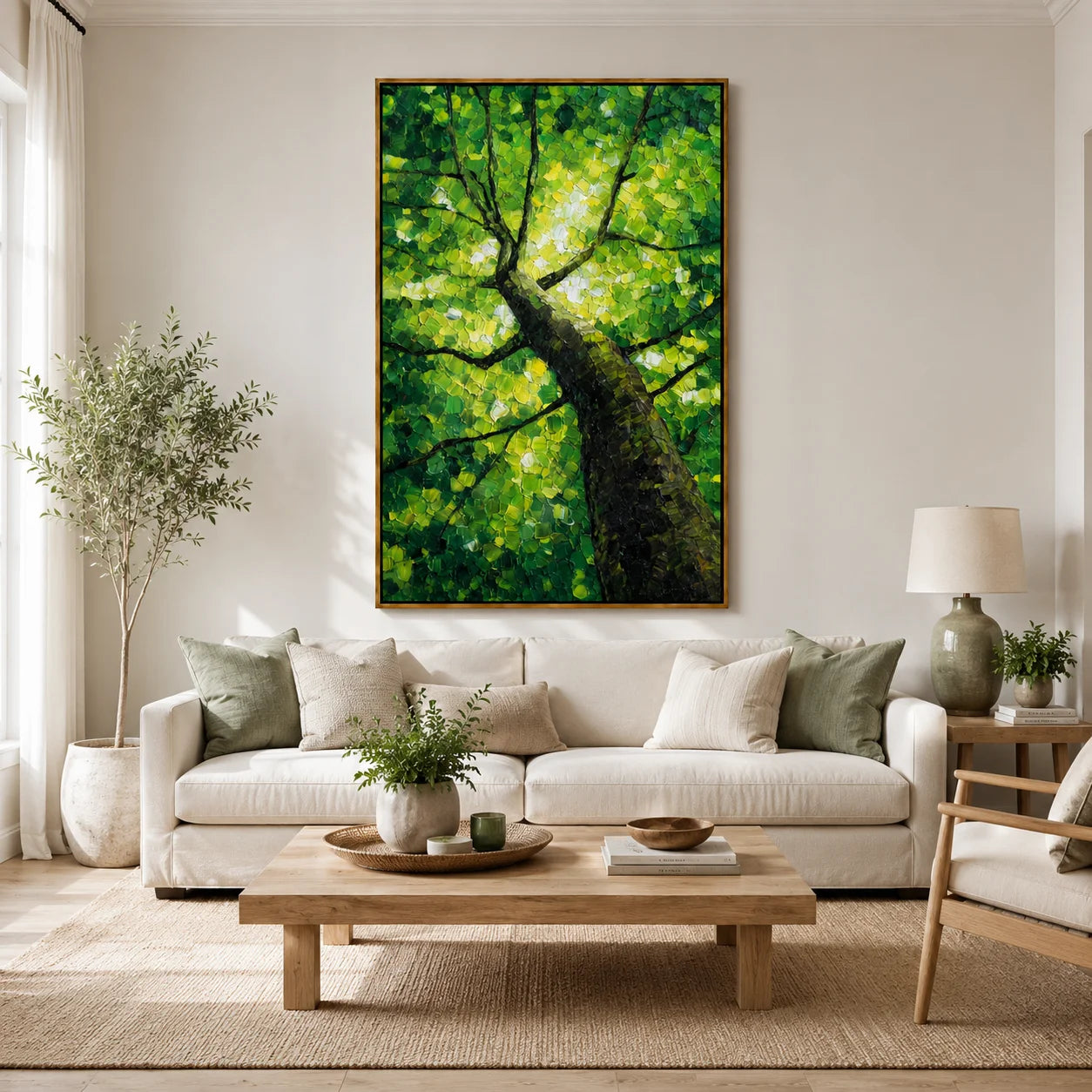 Green Tree Canopy Hand-Painted Oil Painting, Textured Forest Nature Canvas Wall Art for Modern Home Decor#OA 0956