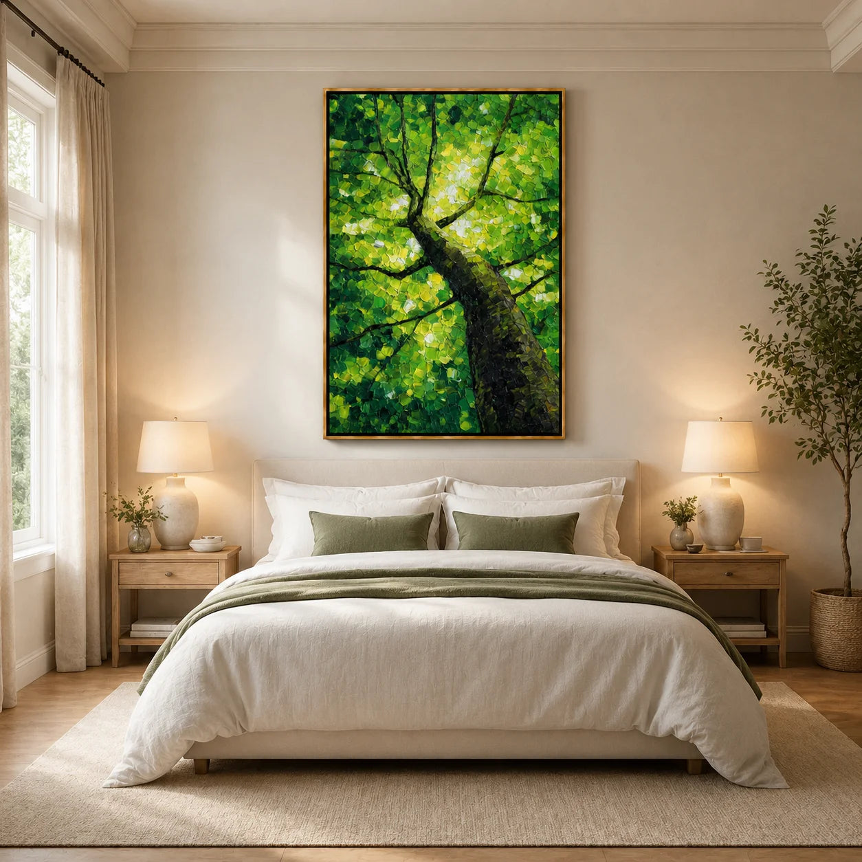 Green Tree Canopy Hand-Painted Oil Painting, Textured Forest Nature Canvas Wall Art for Modern Home Decor#OA 0956