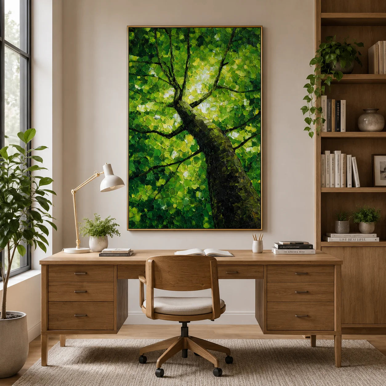 Green Tree Canopy Hand-Painted Oil Painting, Textured Forest Nature Canvas Wall Art for Modern Home Decor#OA 0956