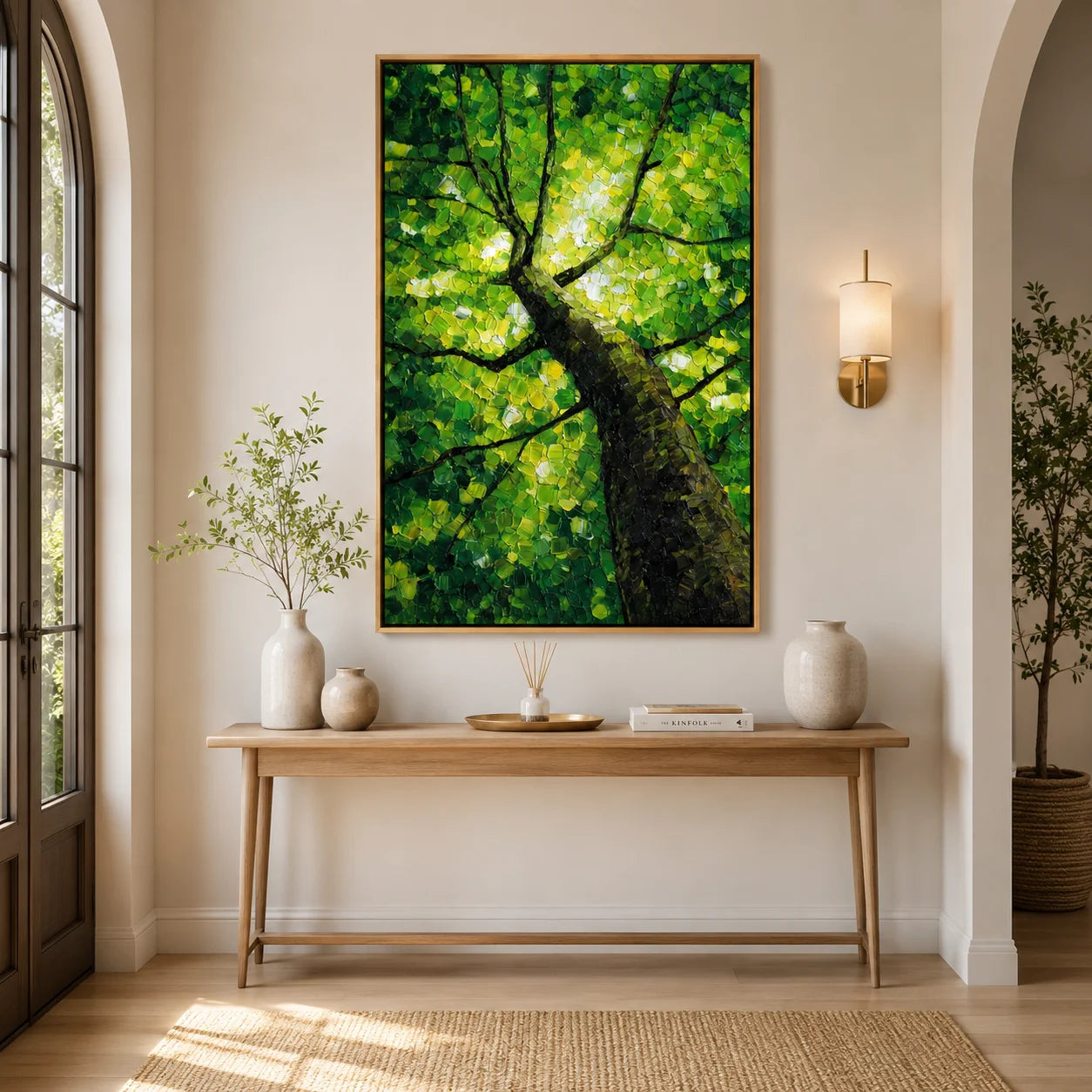 Green Tree Canopy Hand-Painted Oil Painting, Textured Forest Nature Canvas Wall Art for Modern Home Decor#OA 0956