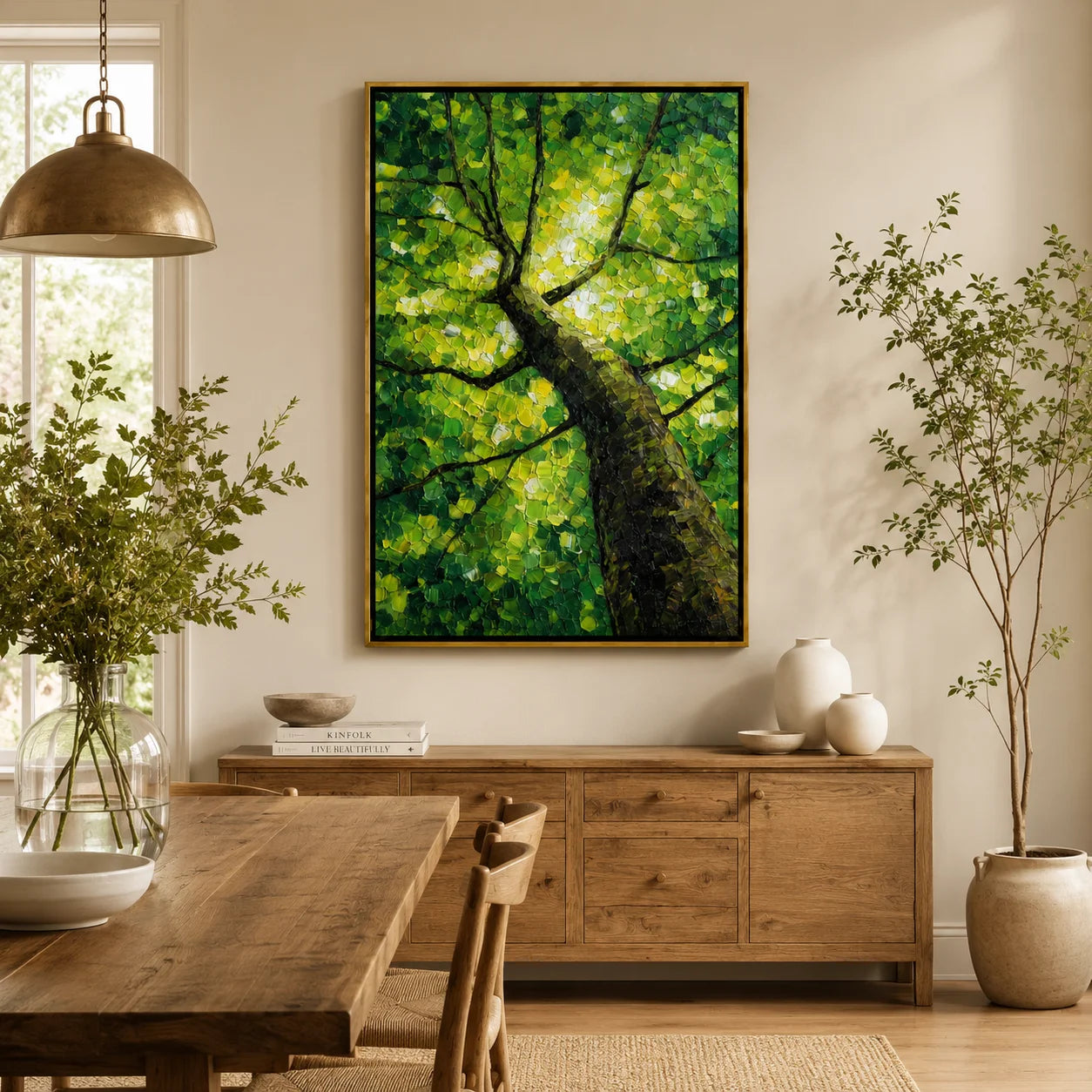 Green Tree Canopy Hand-Painted Oil Painting, Textured Forest Nature Canvas Wall Art for Modern Home Decor#OA 0956
