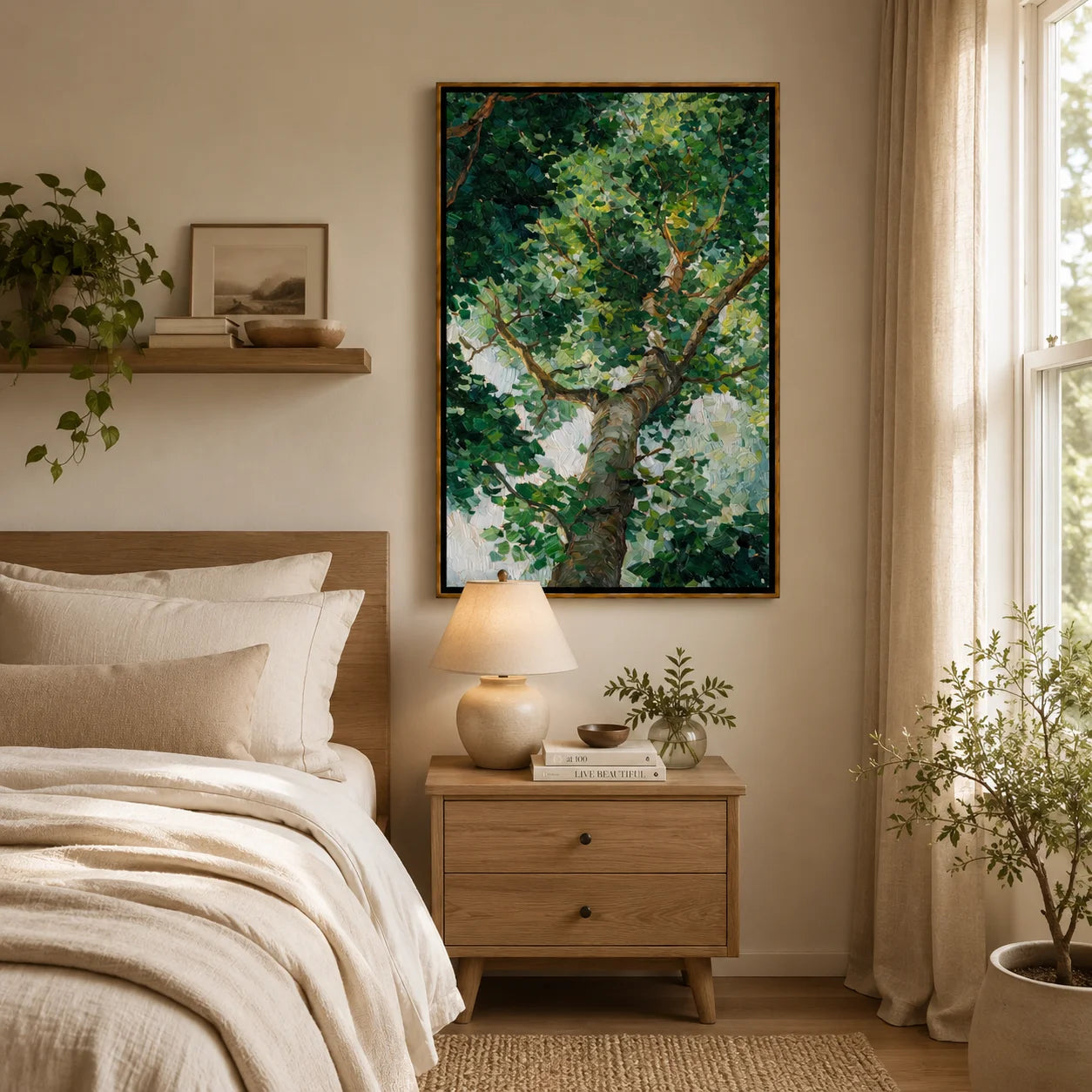 Green Tree Canopy Hand-Painted Oil Painting, Textured Forest Wall Art for Modern Nature Home Decor#OA 0974