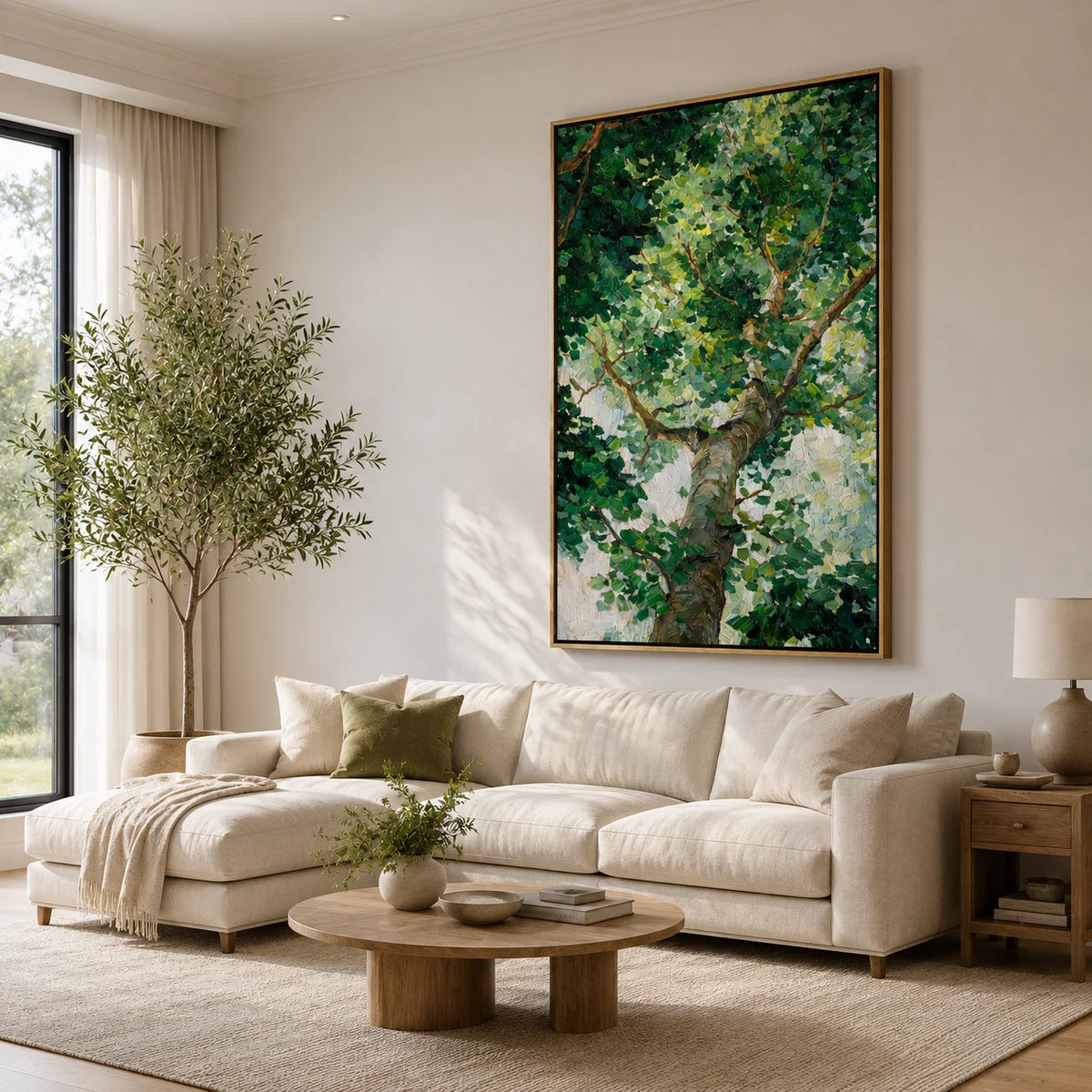 Green Tree Canopy Hand-Painted Oil Painting, Textured Forest Wall Art for Modern Nature Home Decor#OA 0974