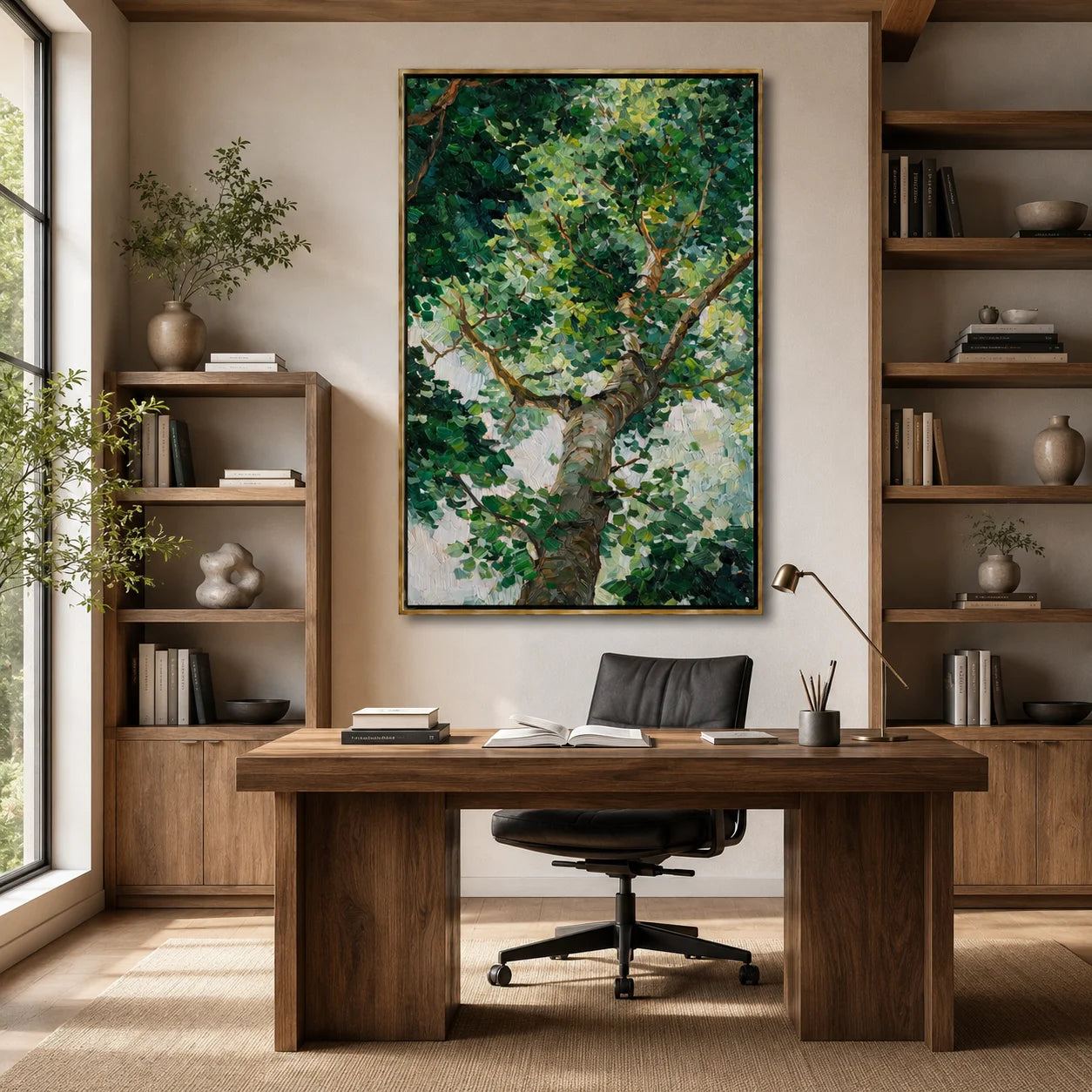 Green Tree Canopy Hand-Painted Oil Painting, Textured Forest Wall Art for Modern Nature Home Decor#OA 0974