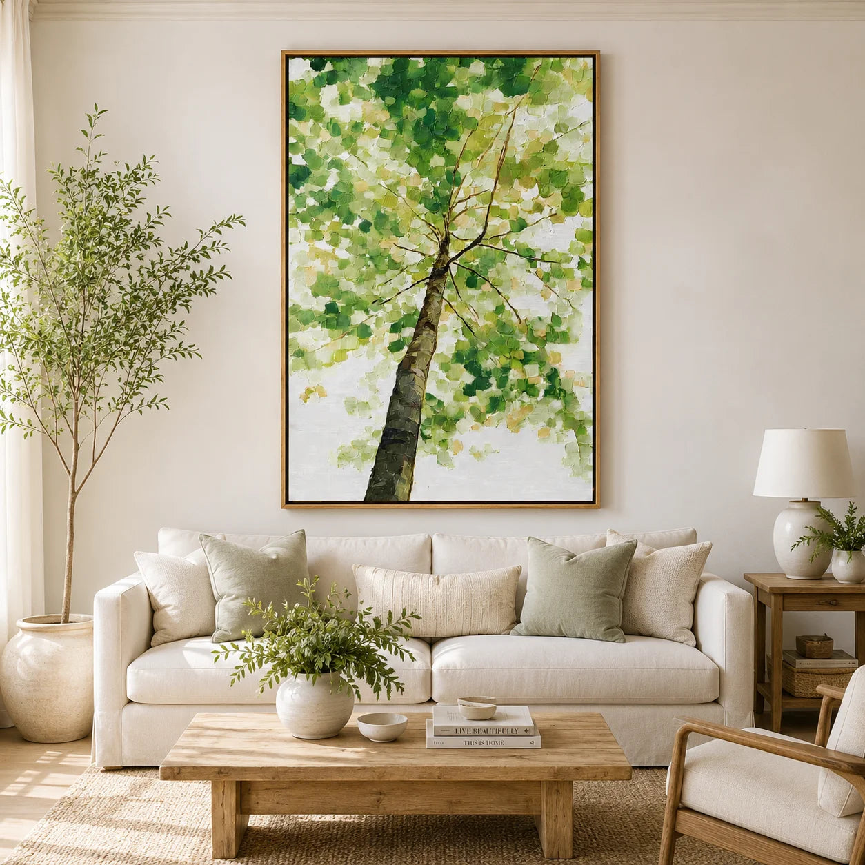Green Tree Canopy Hand-Painted Oil Painting, Textured Nature Canvas Wall Art for Modern Home Decor#OA 0955