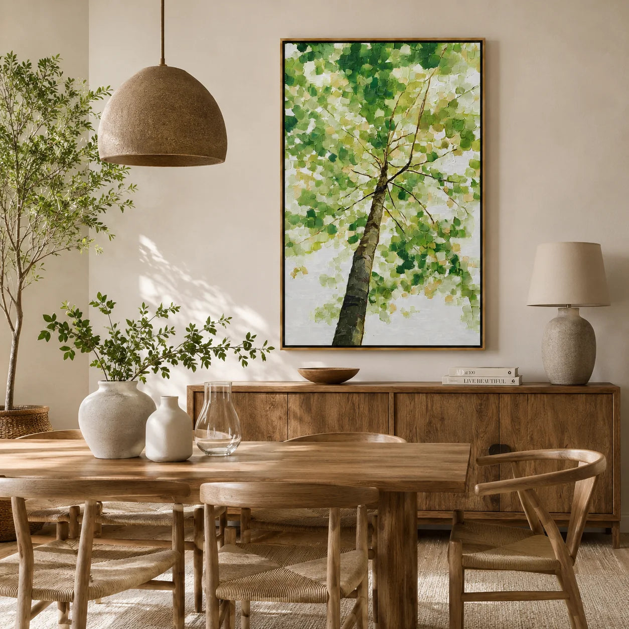 Green Tree Canopy Hand-Painted Oil Painting, Textured Nature Canvas Wall Art for Modern Home Decor#OA 0955