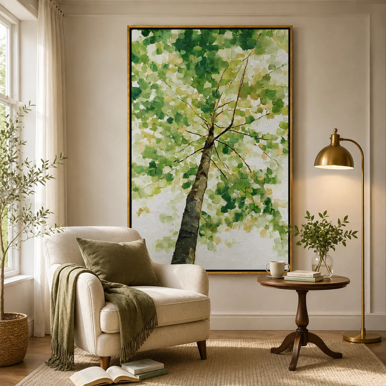 Green Tree Canopy Hand-Painted Oil Painting, Textured Nature Canvas Wall Art for Modern Home Decor#OA 0955