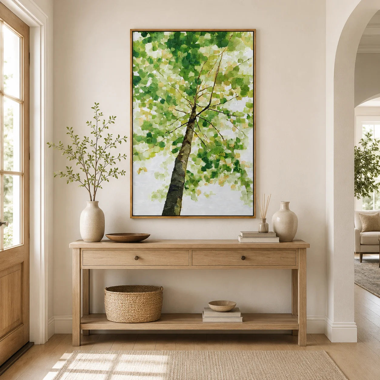 Green Tree Canopy Hand-Painted Oil Painting, Textured Nature Canvas Wall Art for Modern Home Decor#OA 0955