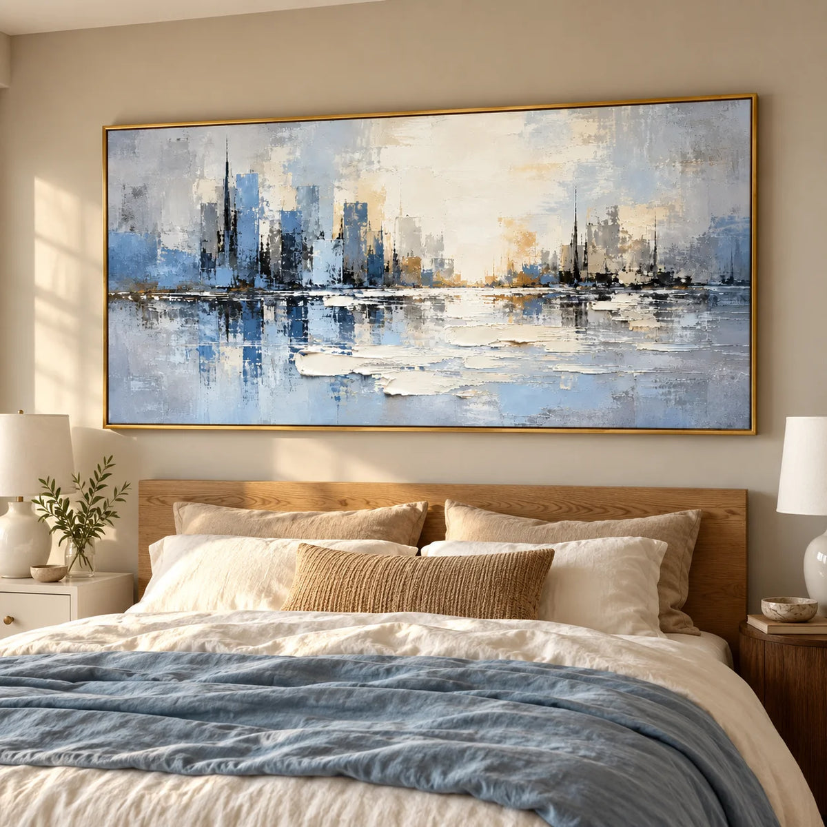 Ownanart Hand-Painted Abstract Cityscape Oil Painting – Blue and Ivory Skyline Reflections, Textured Horizontal Canvas Wall Art