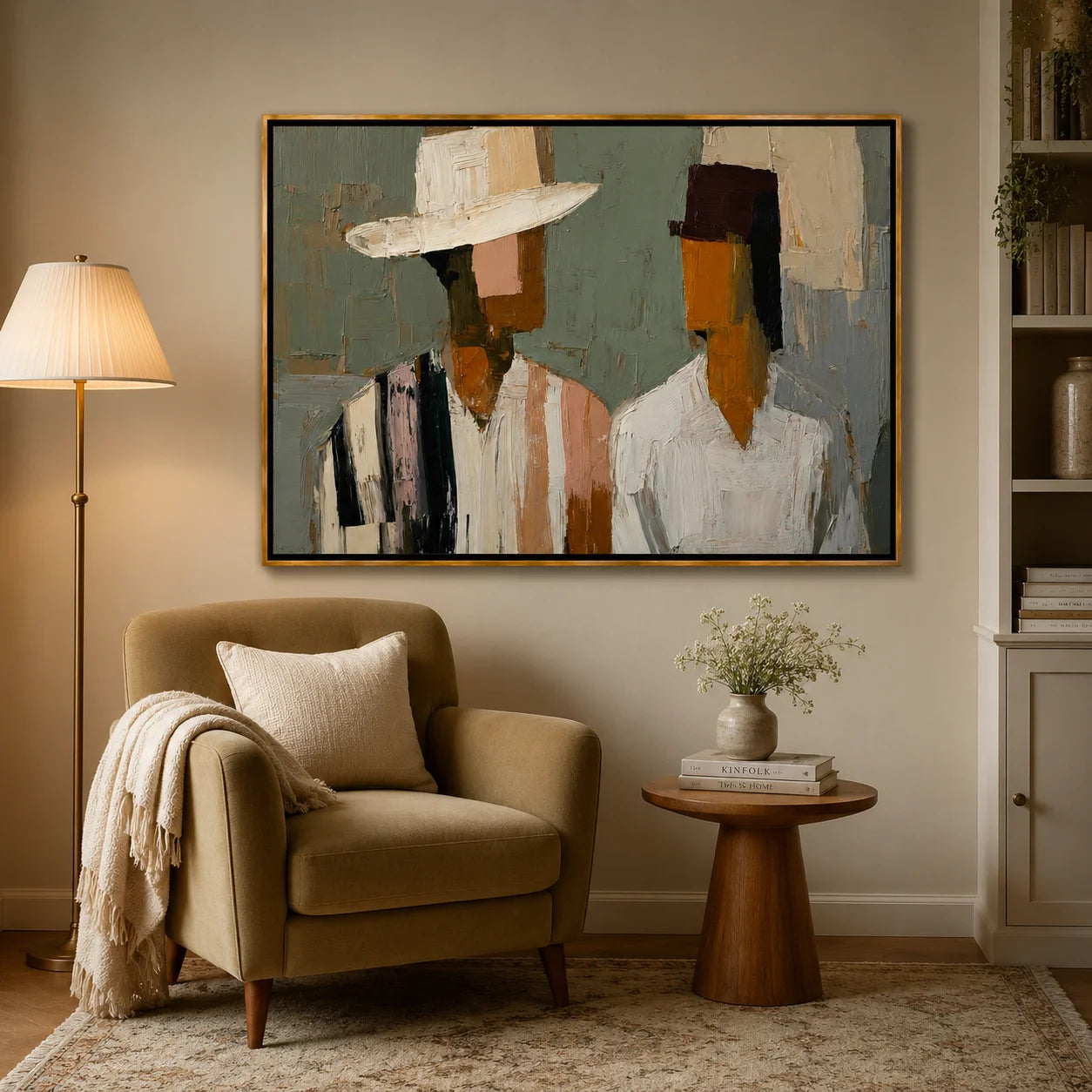 Hand-Painted Abstract Couple Portrait Oil Painting, Textured Modern Figure Wall Art for Contemporary Home Decor#OA 0999