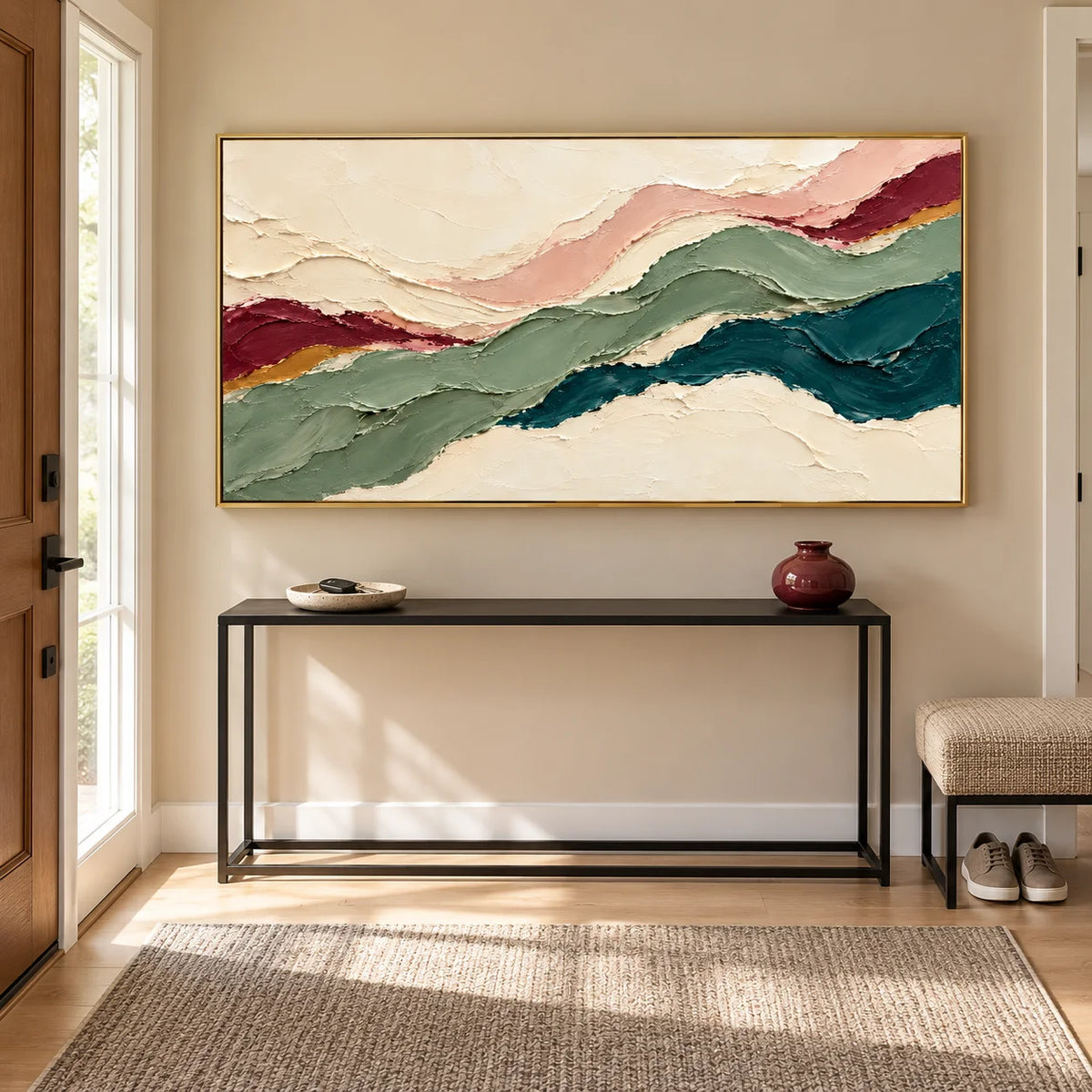 Ownanart Hand-Painted Abstract Landscape Oil Painting – Sage Green, Teal & Cream Flowing Layers, Panoramic Impasto Wall Art