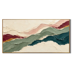 Ownanart Hand-Painted Abstract Landscape Oil Painting – Sage Green, Teal & Cream Flowing Layers, Panoramic Impasto Wall Art # OA 1421