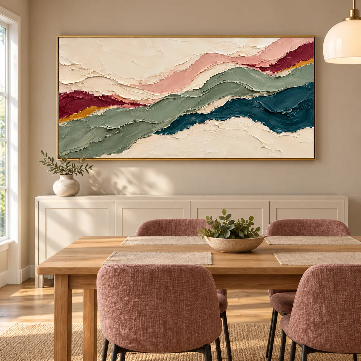 Ownanart Hand-Painted Abstract Landscape Oil Painting – Sage Green, Teal & Cream Flowing Layers, Panoramic Impasto Wall Art