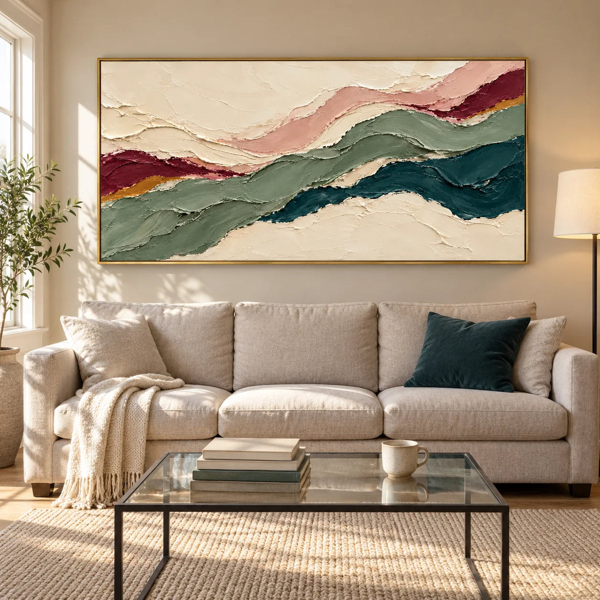 Ownanart Hand-Painted Abstract Landscape Oil Painting – Sage Green, Teal & Cream Flowing Layers, Panoramic Impasto Wall Art