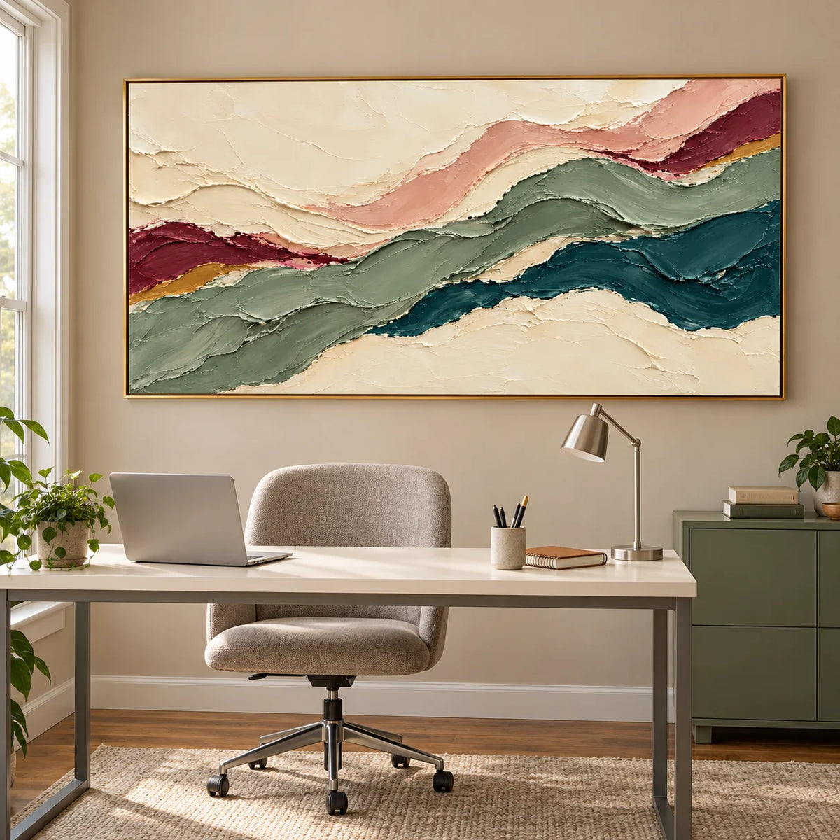 Ownanart Hand-Painted Abstract Landscape Oil Painting – Sage Green, Teal & Cream Flowing Layers, Panoramic Impasto Wall Art