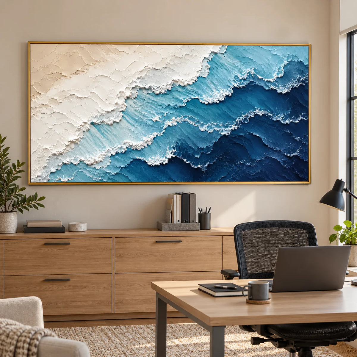 Ownanart Hand-Painted Abstract Ocean Wave Oil Painting – Blue and White Textured Coastal Canvas Wall Art