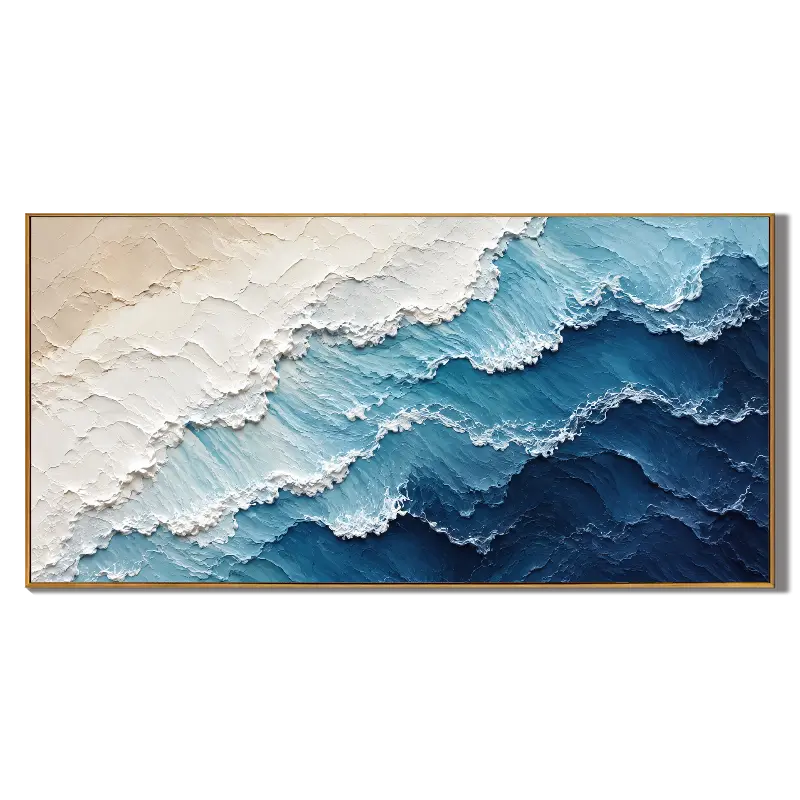 Ownanart Hand-Painted Abstract Ocean Wave Oil Painting – Blue and White Textured Coastal Canvas Wall Art
