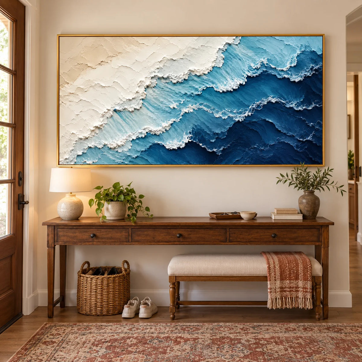 Ownanart Hand-Painted Abstract Ocean Wave Oil Painting – Blue and White Textured Coastal Canvas Wall Art
