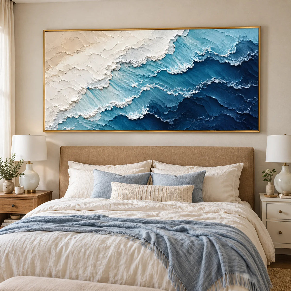 Ownanart Hand-Painted Abstract Ocean Wave Oil Painting – Blue and White Textured Coastal Canvas Wall Art