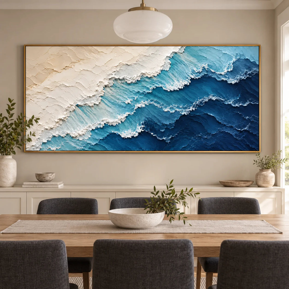 Ownanart Hand-Painted Abstract Ocean Wave Oil Painting – Blue and White Textured Coastal Canvas Wall Art