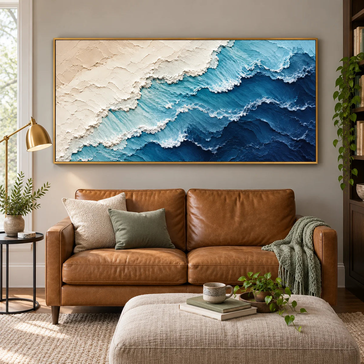 Ownanart Hand-Painted Abstract Ocean Wave Oil Painting – Blue and White Textured Coastal Canvas Wall Art