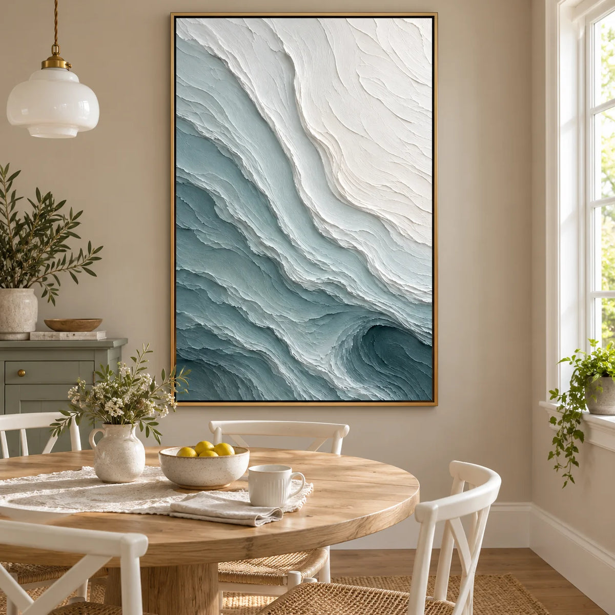 Ownanart Hand-Painted Abstract Wave Oil Painting – White and Sage Green Textured Canvas Wall Art