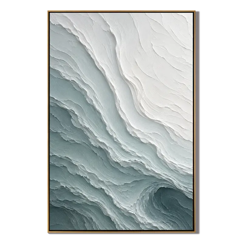 Ownanart Hand-Painted Abstract Wave Oil Painting – White and Sage Green Textured Canvas Wall Art