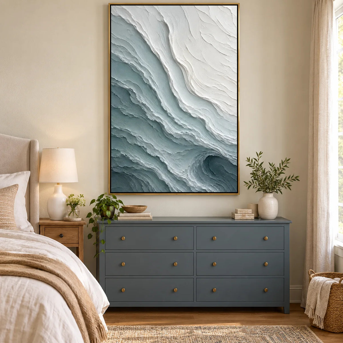 Ownanart Hand-Painted Abstract Wave Oil Painting – White and Sage Green Textured Canvas Wall Art