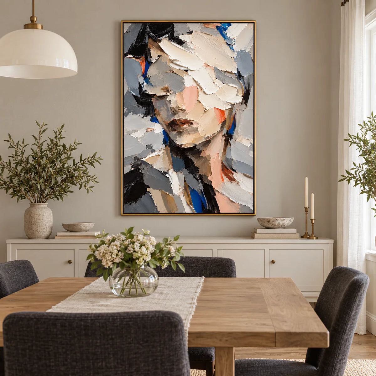 Ownanart Hand-Painted Abstract Woman Portrait Oil Painting – Textured Palette Knife Figurative Canvas Wall Art