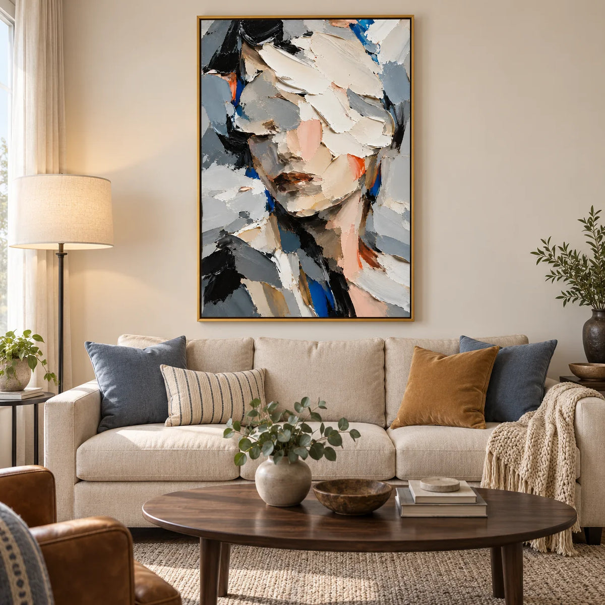 Ownanart Hand-Painted Abstract Woman Portrait Oil Painting – Textured Palette Knife Figurative Canvas Wall Art