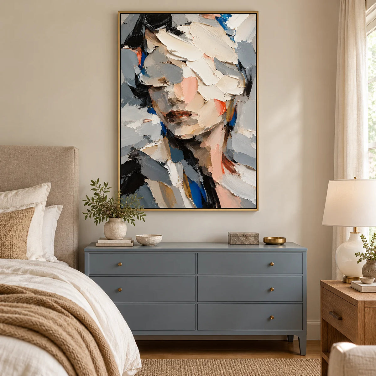 Ownanart Hand-Painted Abstract Woman Portrait Oil Painting – Textured Palette Knife Figurative Canvas Wall Art