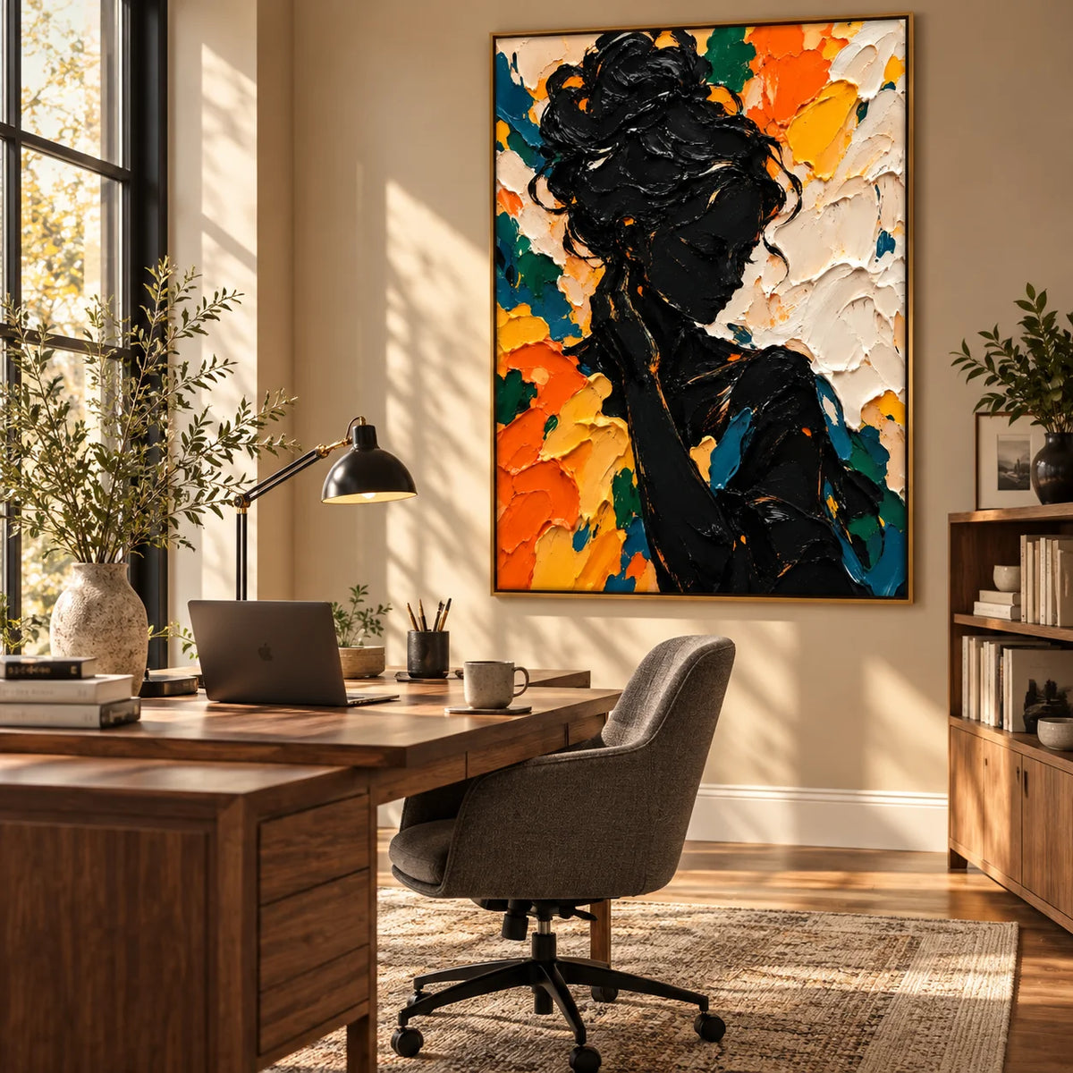 Ownanart Hand-Painted Abstract Woman Portrait Textured Oil Painting – Black Female Silhouette with Vibrant Orange, Yellow and Blue 3D Impasto Art, Modern Colorful Figurative Wall Art for Living Room