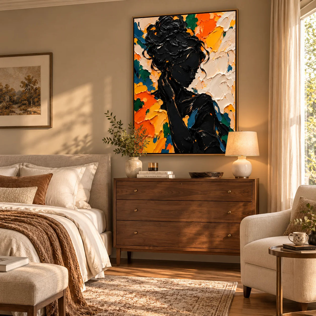 Ownanart Hand-Painted Abstract Woman Portrait Textured Oil Painting – Black Female Silhouette with Vibrant Orange, Yellow and Blue 3D Impasto Art, Modern Colorful Figurative Wall Art for Living Room