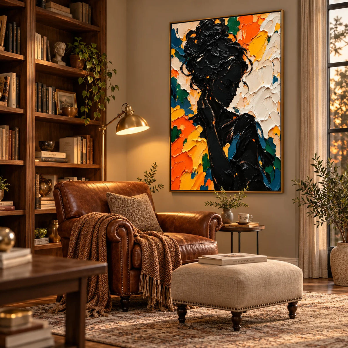 Ownanart Hand-Painted Abstract Woman Portrait Textured Oil Painting – Black Female Silhouette with Vibrant Orange, Yellow and Blue 3D Impasto Art, Modern Colorful Figurative Wall Art for Living Room