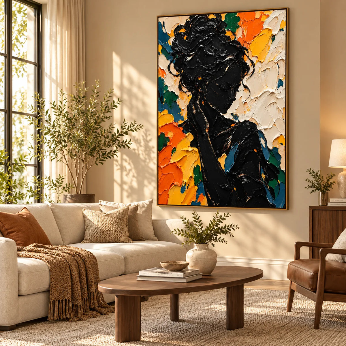 Ownanart Hand-Painted Abstract Woman Portrait Textured Oil Painting – Black Female Silhouette with Vibrant Orange, Yellow and Blue 3D Impasto Art, Modern Colorful Figurative Wall Art for Living Room