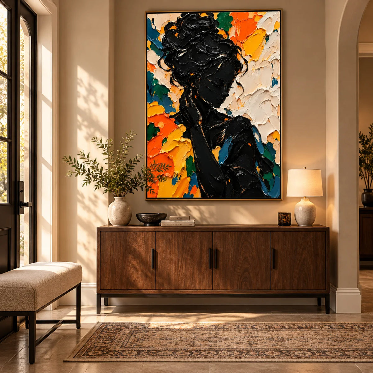 Ownanart Hand-Painted Abstract Woman Portrait Textured Oil Painting – Black Female Silhouette with Vibrant Orange, Yellow and Blue 3D Impasto Art, Modern Colorful Figurative Wall Art for Living Room