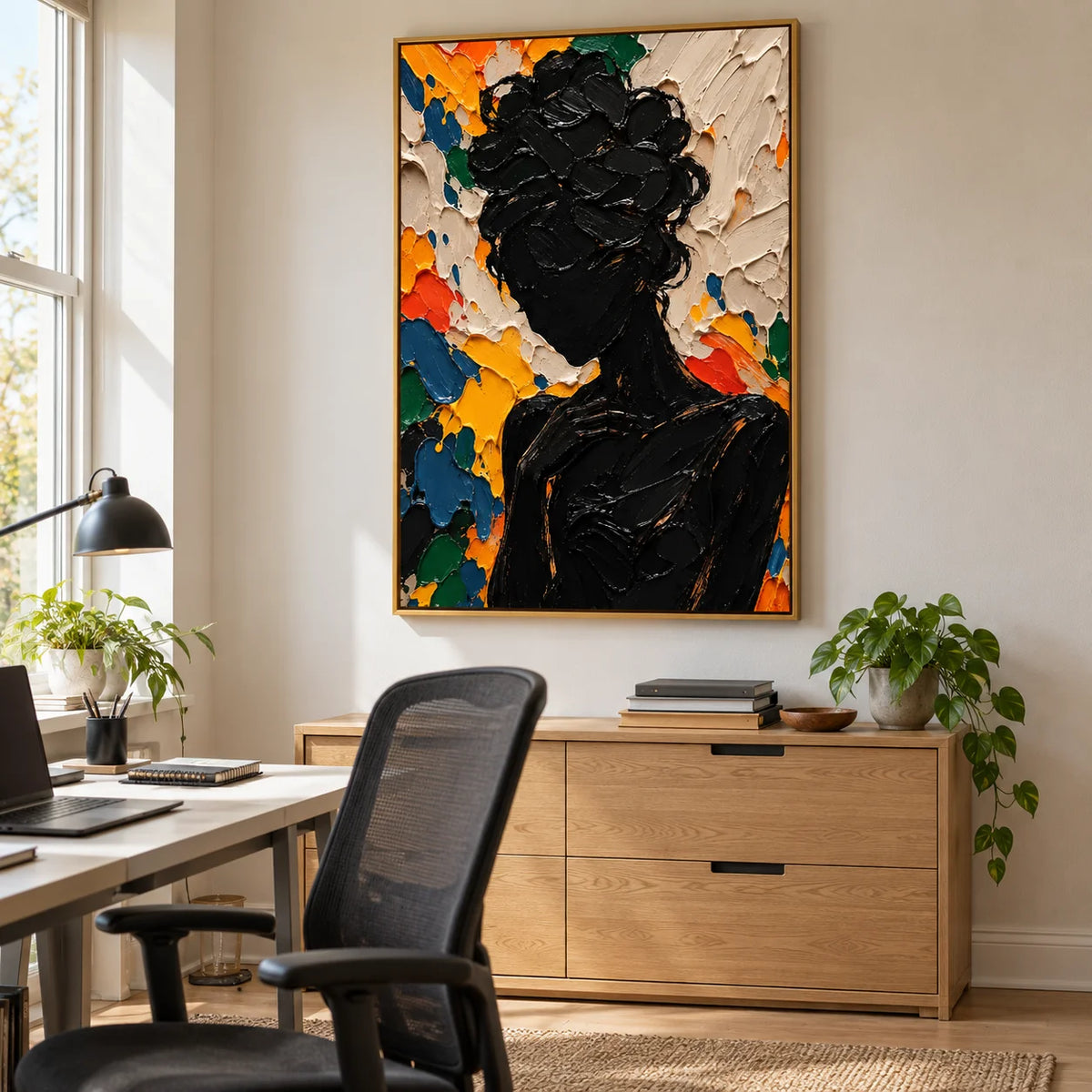Ownanart Hand-Painted Abstract Woman Silhouette Oil Painting – Colorful Impasto Textured Portrait Canvas Wall Art